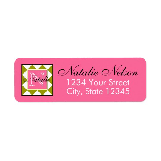 Green Diamond Pattern Monogram Pink, Black, White Return Address Label