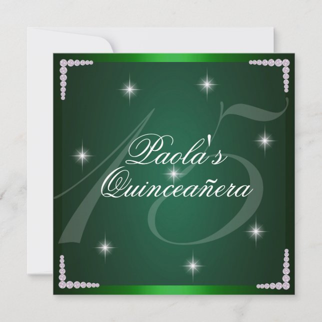 Green Diamond Sparkles Quinceañera Invitation (Front)