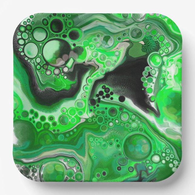 Green Digital Fluid Marble Art   Paper Plate (Front)