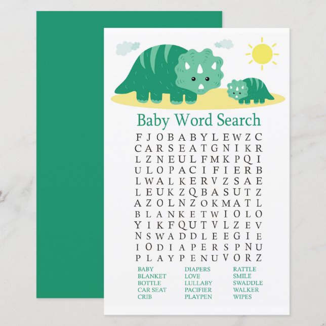 Green Dino Baby Shower Word Search Game (Front/Back)