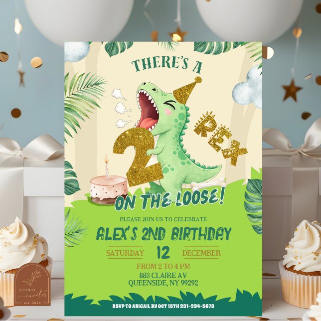 Green Dino Theme Two Rex On The Loose 2nd Birthday Invitation (Creator Uploaded)