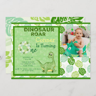 Green Dinosaur Add Photo Boy 1st Birthday Party  Invitation