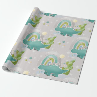 Green Dinosaur And Rainbow Baby Shower Pattern Wrapping Paper