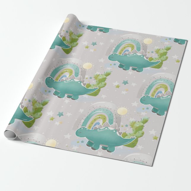 Green Dinosaur And Rainbow Baby Shower Pattern Wrapping Paper (Unrolled)