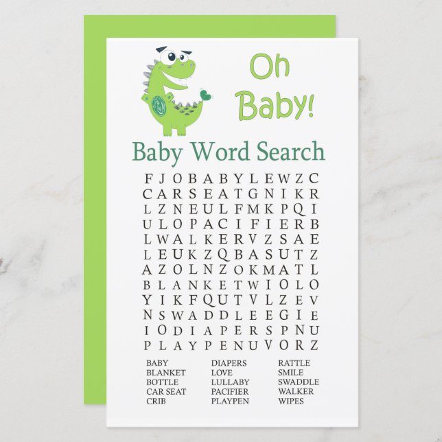 Green Dinosaur Baby Shower Word Search Game (Front/Back)