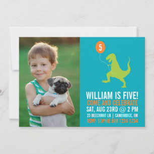 Green Dinosaur & Balloon Photo Birthday Invitation