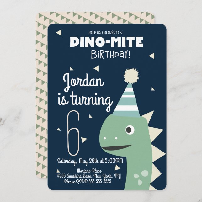 Green Dinosaur Birthday Confetti Invitation (Front/Back)