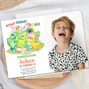 Green Dinosaur Birthday Invitations with photo