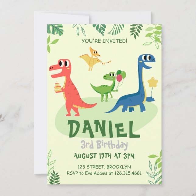 Green Dinosaur Birthday Party Invitation (Front)