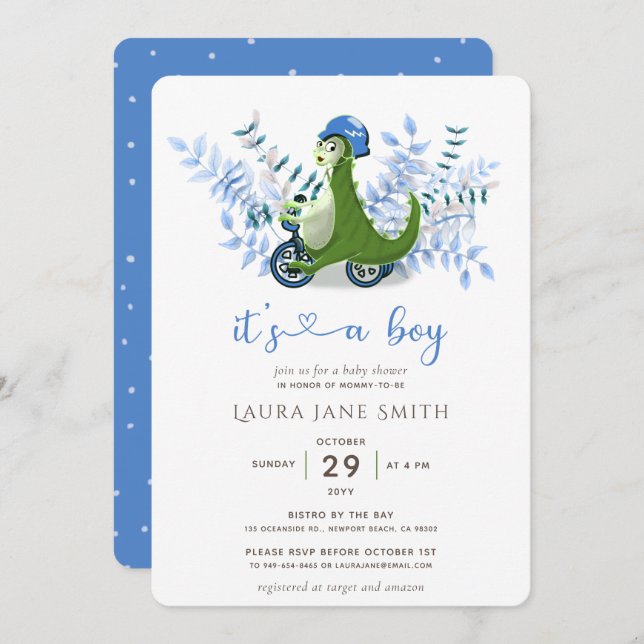 Green Dinosaur Blue Foliage Trike Boy Baby Shower Invitation (Front/Back)