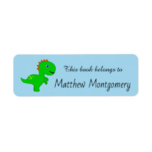Green dinosaur cartoon book label for kids return address label