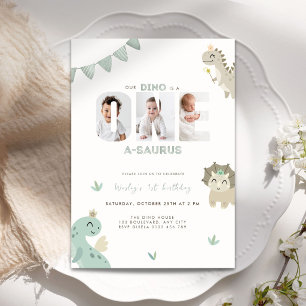 Green Dinosaur First Birthday Photo Invitation Boy