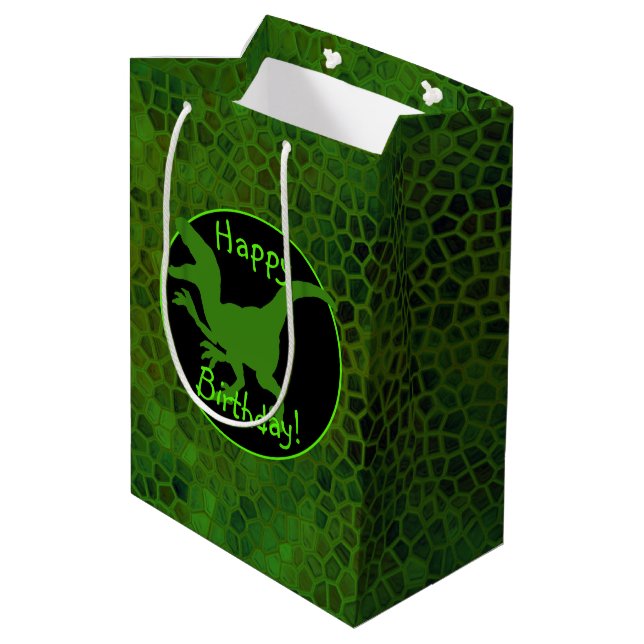 Green Dinosaur Hide Happy Birthday! Medium Gift Bag (Back Angled)