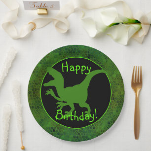 Green Dinosaur Hide Happy Birthday! Paper Plate