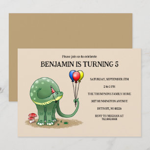 Green dinosaur holding the colourful balloons invitation