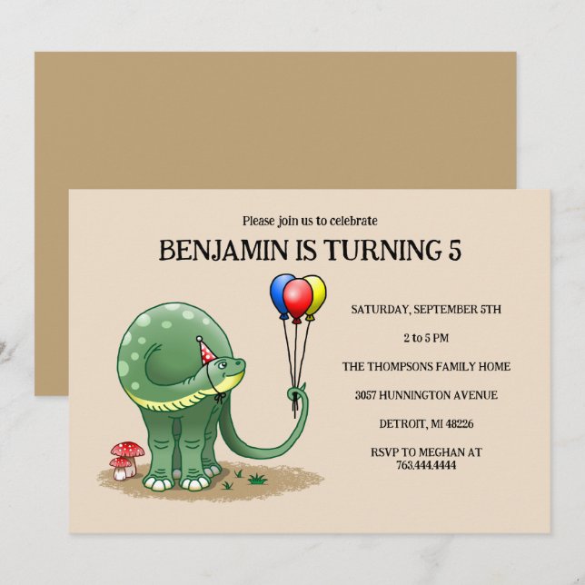 Green dinosaur holding the colourful balloons invitation (Front/Back)