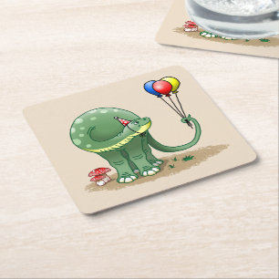 Green dinosaur holding the colourful balloons square paper coaster