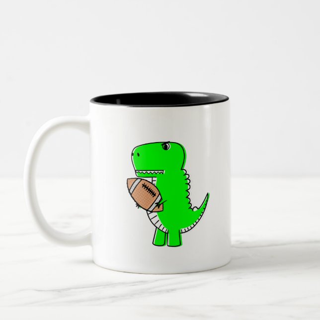 Green Dinosaur Loves Football Two-Tone Coffee Mug (Left)