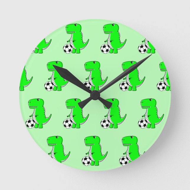 Green Dinosaur Loves Soccer Cartoon Pattern Round Clock (Front)