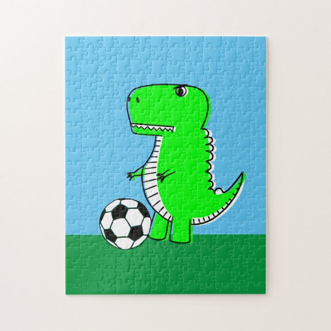 Green Dinosaur Loves Soccer Jigsaw Puzzle (Vertical)