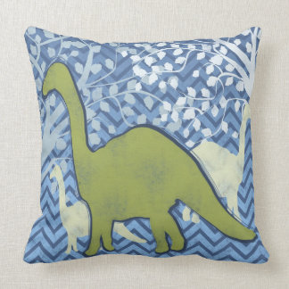 Green Dinosaur on Zigzag Chevron - Blue and White Cushion