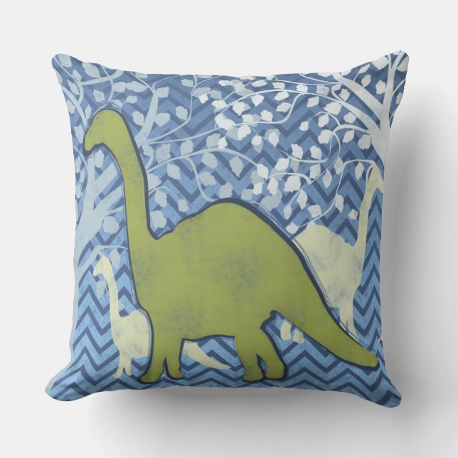 Green Dinosaur on Zigzag Chevron - Blue and White Cushion (Front)