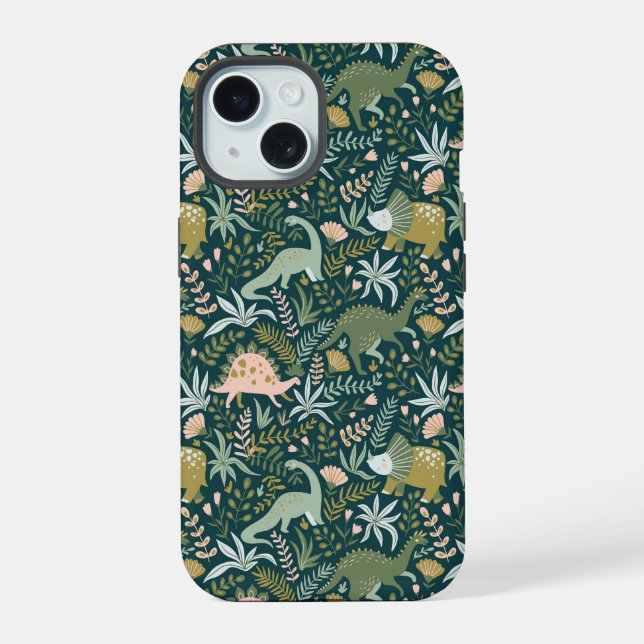Green Dinosaur Pattern iPhone 15 Case (Back)