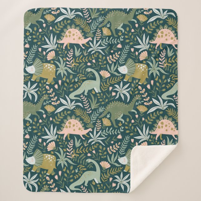 Green Dinosaur Pattern Sherpa Blanket (Front)