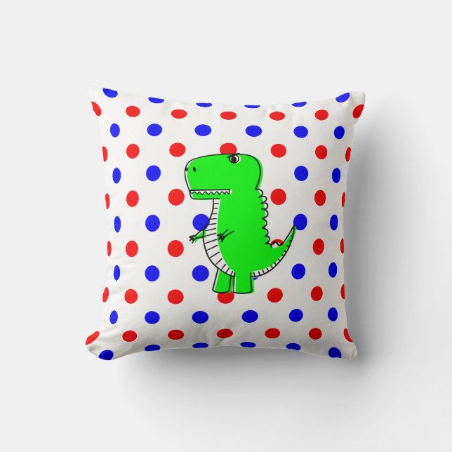 Green Dinosaur Red Blue Polka Dots Throw Pillow (Front)