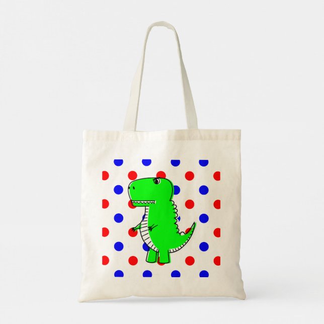 Green Dinosaur Red Blue Polka Dots  Tote Bag (Back)