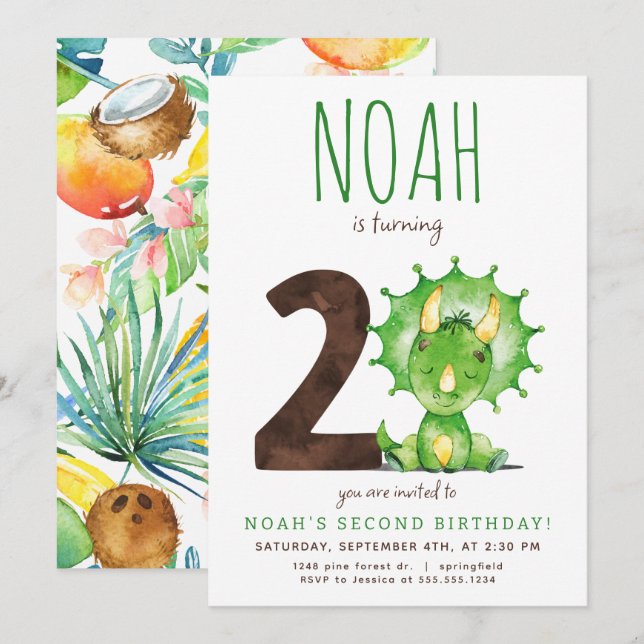 Green Dinosaur Second Birthday Invitation (Front/Back)