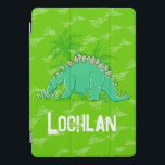 Green dinosaur Stegosaurus custom name iPad Pro Cover<br><div class="desc">Help protect your device from dino accidents, with this kids case cover. Original graphic stegosaurus, trees and footprints design in shades of green. Customise with your own name, currently reads Lochlan. Perfect for budding dinosaur paleontologists and dinosaur fans. Exclusive dinosaur drawing and design by Sarah Trett for www.mylittleeden.com on Zazzle....</div>