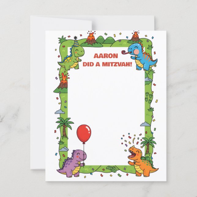Green Dinosaur Themed Customised Name Mitzvah Note (Front)