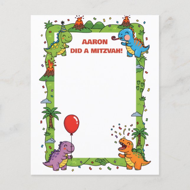 Green Dinosaur Themed Customised Name Mitzvah Note Flyer (Front)