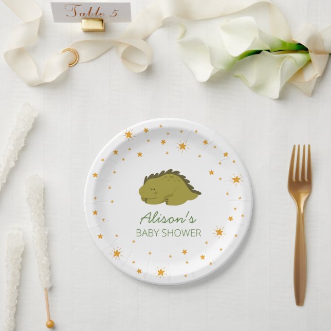 Green Dinosaur Twinkle Star Baby Shower Party Paper Plate (Wedding)