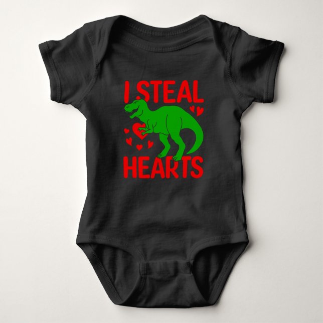 Green Dinosaur Valentine I Steal Hearts Baby Bodysuit (Front)
