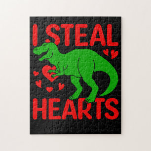 Green Dinosaur Valentine I Steal Hearts Jigsaw Puzzle