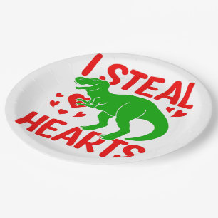 Green Dinosaur Valentine I Steal Hearts Paper Plate