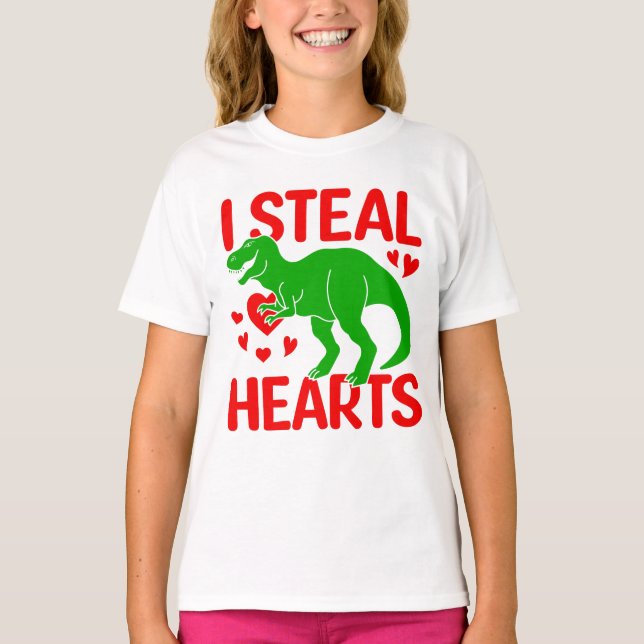 Green Dinosaur Valentine I Steal Hearts T-Shirt (Front)