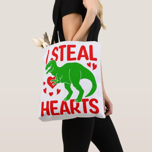 Green Dinosaur Valentine I Steal Hearts Tote Bag (Close Up)