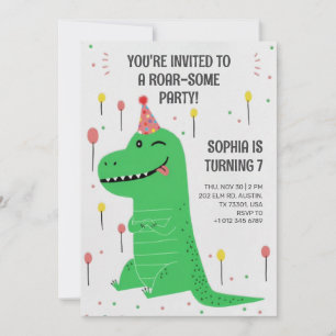 Green dinosaur with a party hat birthday invitation