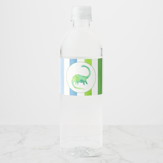 Green Dinosaur with blue and green stripes Water Bottle Label (Front)