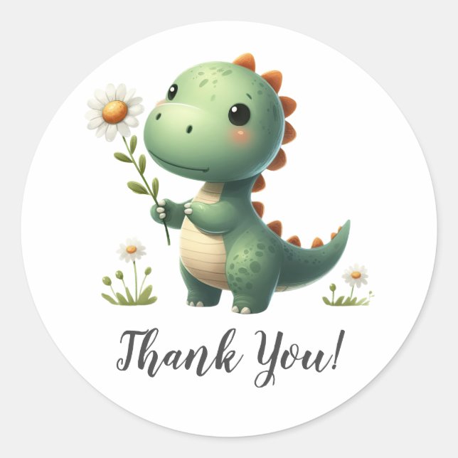 Green Dinosaur with Flower Thank You Classic Round Sticker (Front)