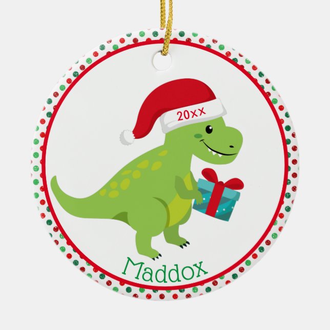Green Dinosaur with Santa Hat Personalised Ceramic Ornament (Front)