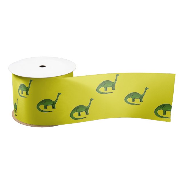 Green dinosaurs on yellow pattern satin ribbon (Spool)