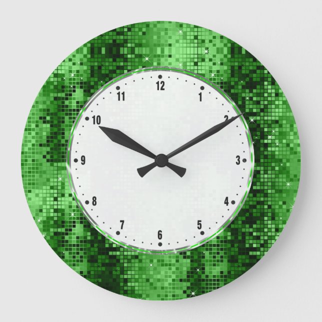 Green Disco Ball Glitter And Sparkles Large Clock (Front)