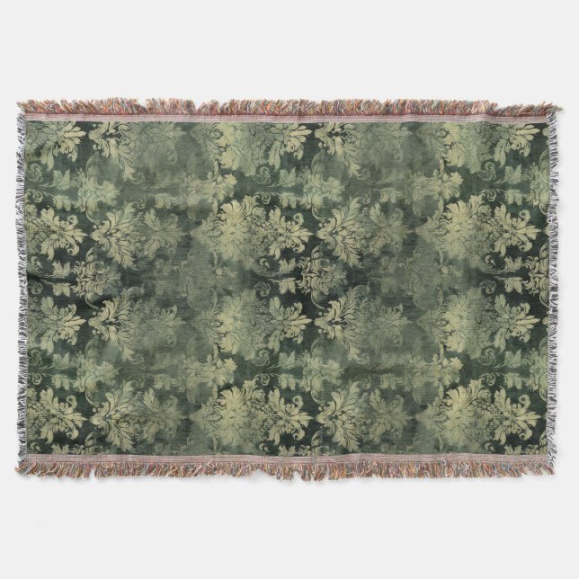 Green Distressed Damask Pattern Throw Blanket (Front)