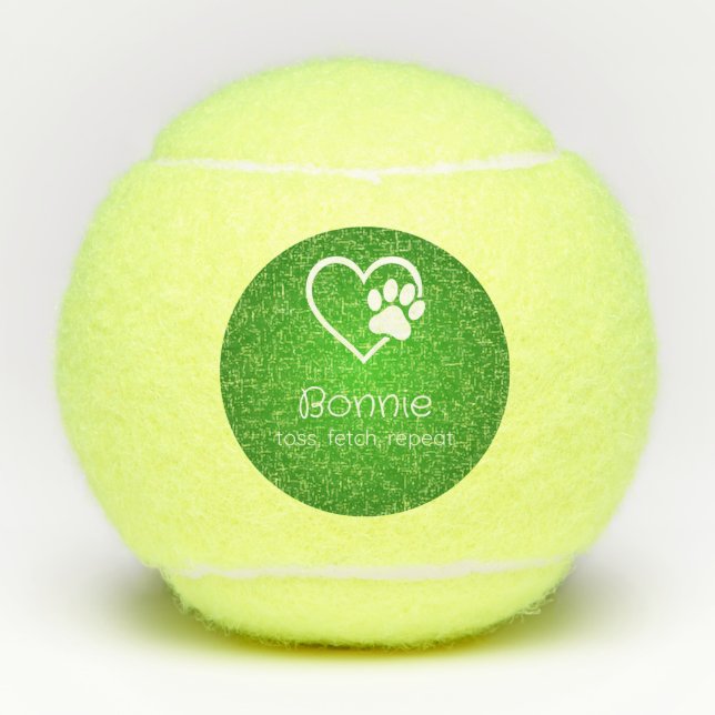 Green Dog Name Tennis Ball 'toss, fetch, repeat' (Front)
