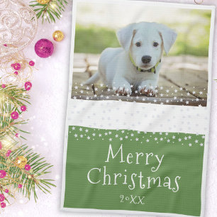 Green Dog Pet Photo Stars Merry Christmas Tea Towel