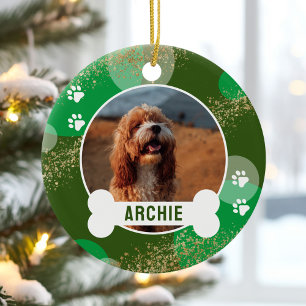 Green Dog Photo Bone Name Christmas Ceramic Ornament